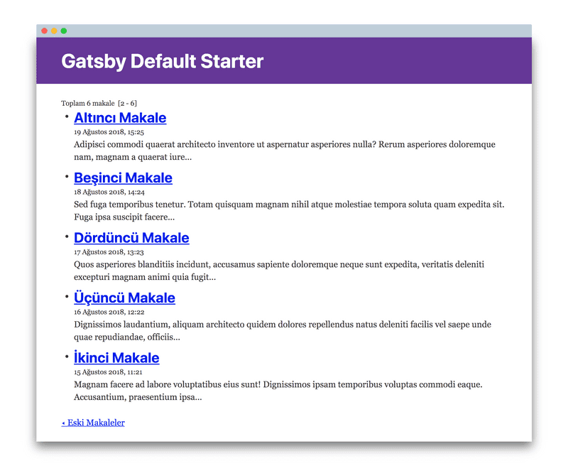 GatsbyJS makale listelerinde sayfalama örneği